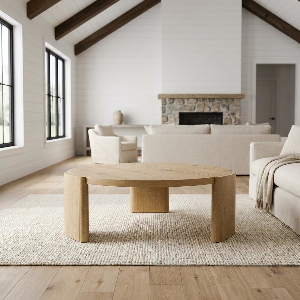 Round Oak Coffee Table with Plinth Base for Living Room Decor