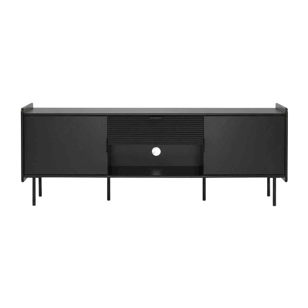 Black modern TV stand with storage drawers and cabinet doors