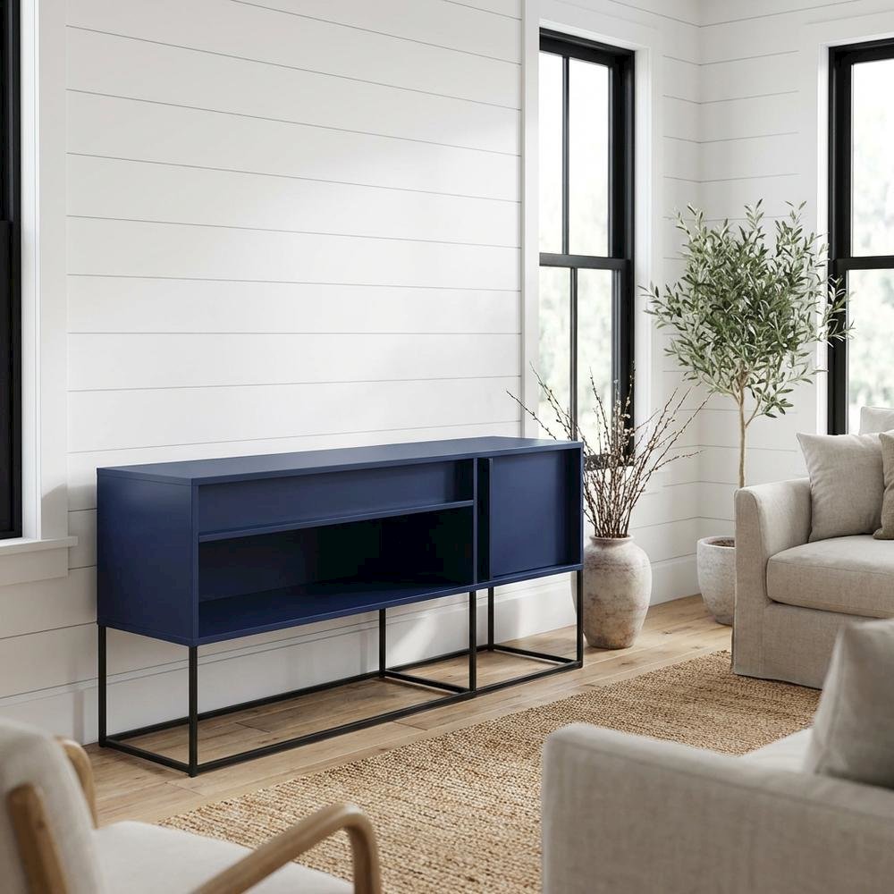 Blue TV Stand for 65-Inch TVs with LED Lighting and Engineered Wood Material