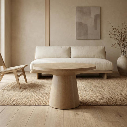 Round Solid Wood Coffee Table with Pedestal Base, Modern Design