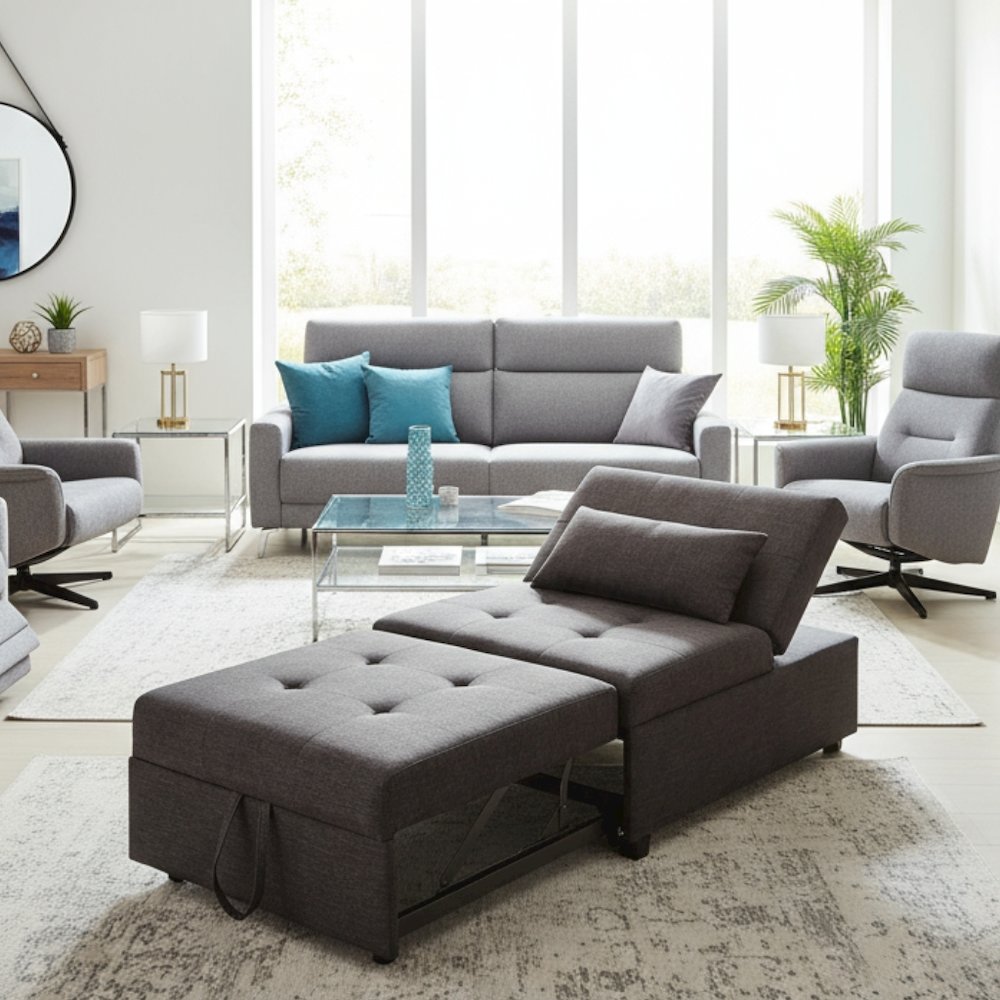 Gray Tufted Folding Ottoman Chair Sofa Bed - 43.5 Inch Long Single Sofa Design