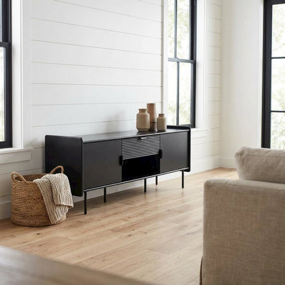 Black modern TV stand with storage drawers and cabinet doors
