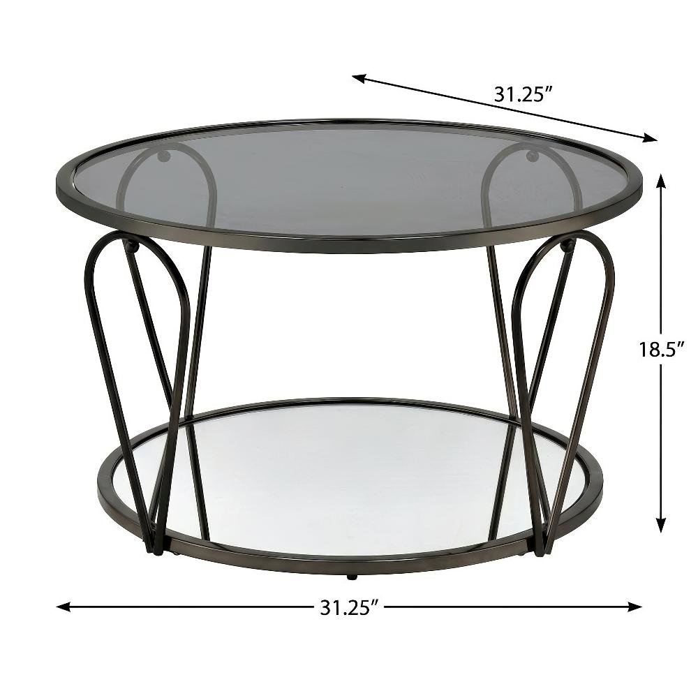 Gray Metal 1-Shelf Coffee Table with Tempered Glass and Mirror Accents
