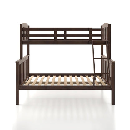 Brown Wooden Bunk Beds Twin Over Full Size with Ladder and Guard Rails
