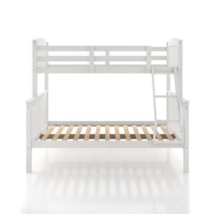White Wooden Bunk Beds Twin Over Full Size with Ladder and Guard Rails