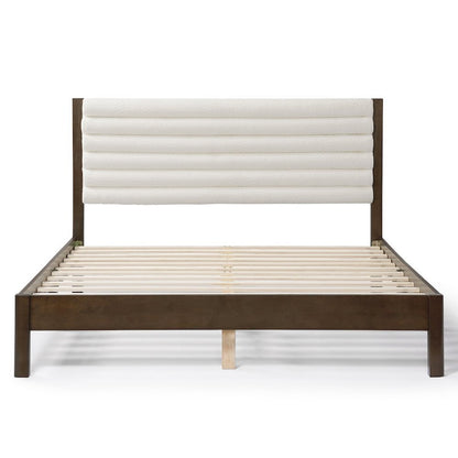 White Boucle Upholstered Queen Bed Frame with Headboard - Modern Design