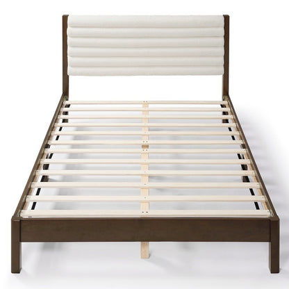 White Boucle Upholstered Queen Bed Frame with Headboard - Modern Design