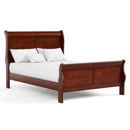 Brown Wooden Full Size Bed Frame – Sleigh Platform Bed with Headboard