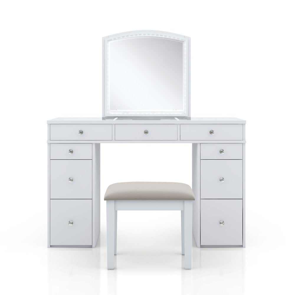 White Makeup Vanity Desk with Mirror and LED Lights – Vanity Desk Set With Stool