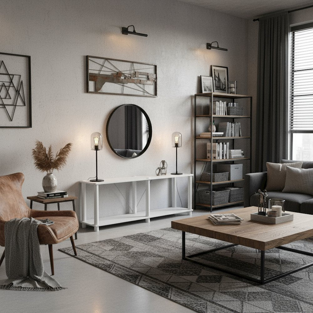White Standing Shelf – 2 Tier Display Shelf with Horizontal Bookshelf Design