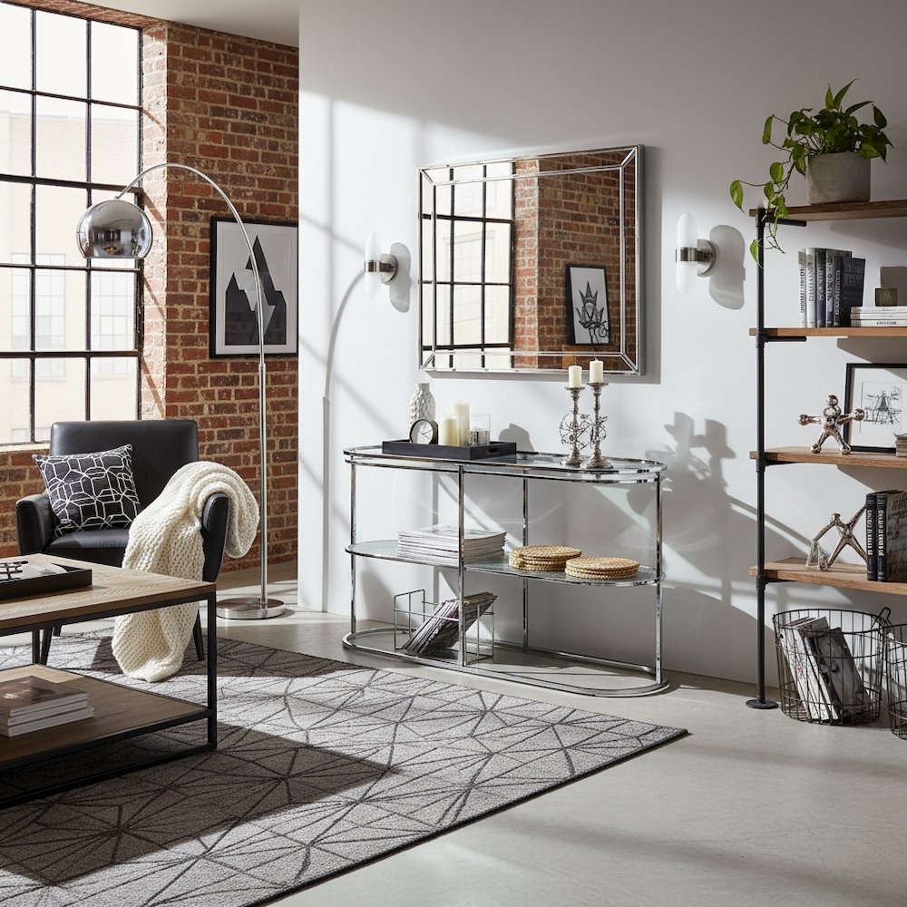 Chrome Metal Console Table – 48 Inch Sofa Table with Glass Top for Living Room