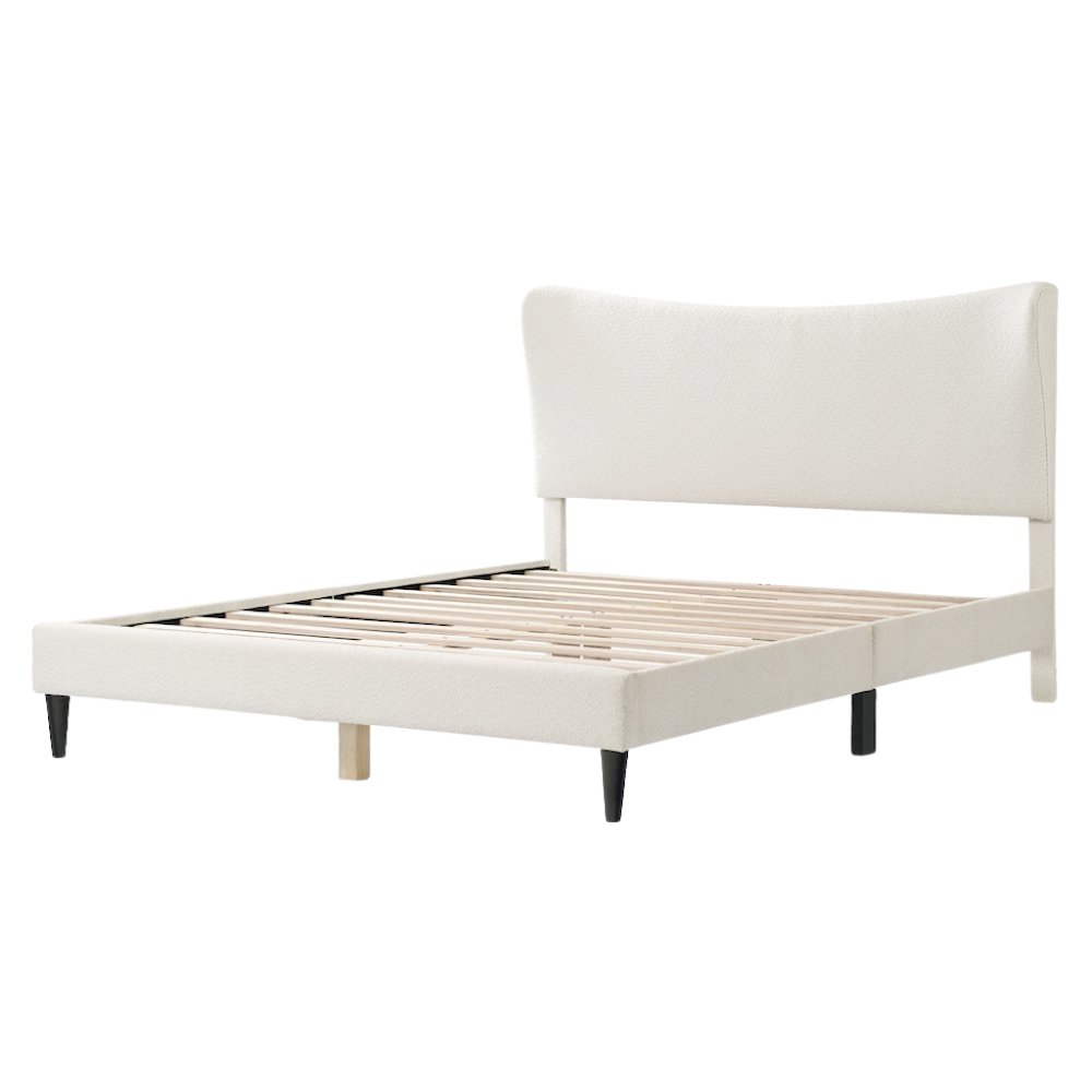 White Boucle Upholstered Queen Bed Frame with Headboard - Modern Style