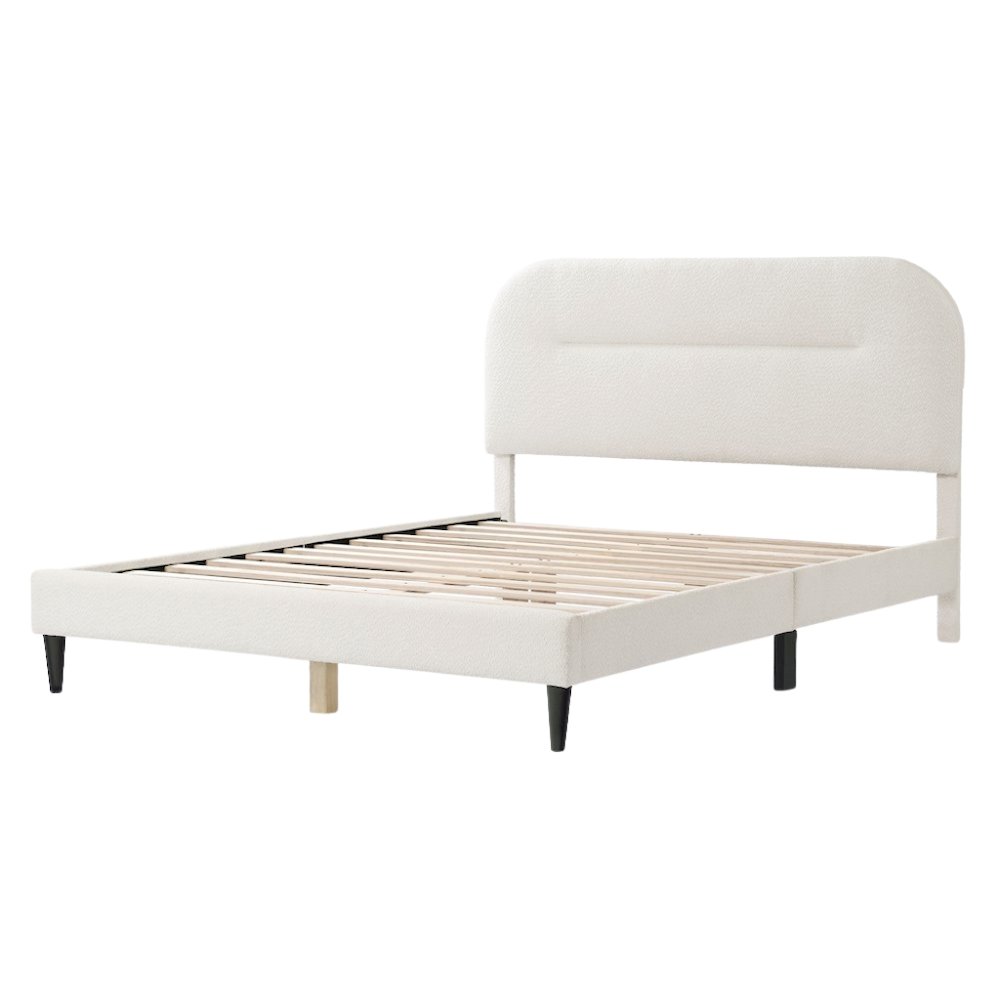 White Boucle Upholstered Queen Bedframe with Headboard – Soft Frame