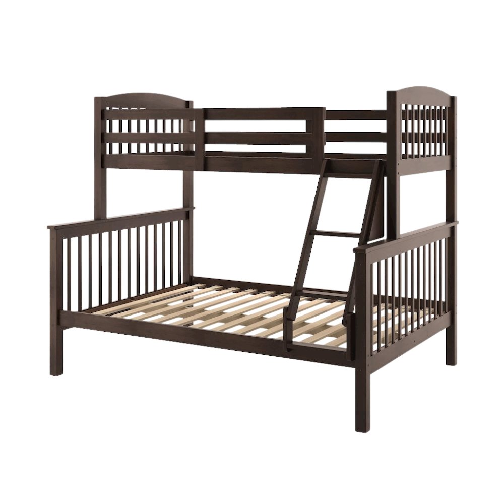 Brown Wooden Bunk Beds Twin Over Full Size with Ladder and Guard Rails
