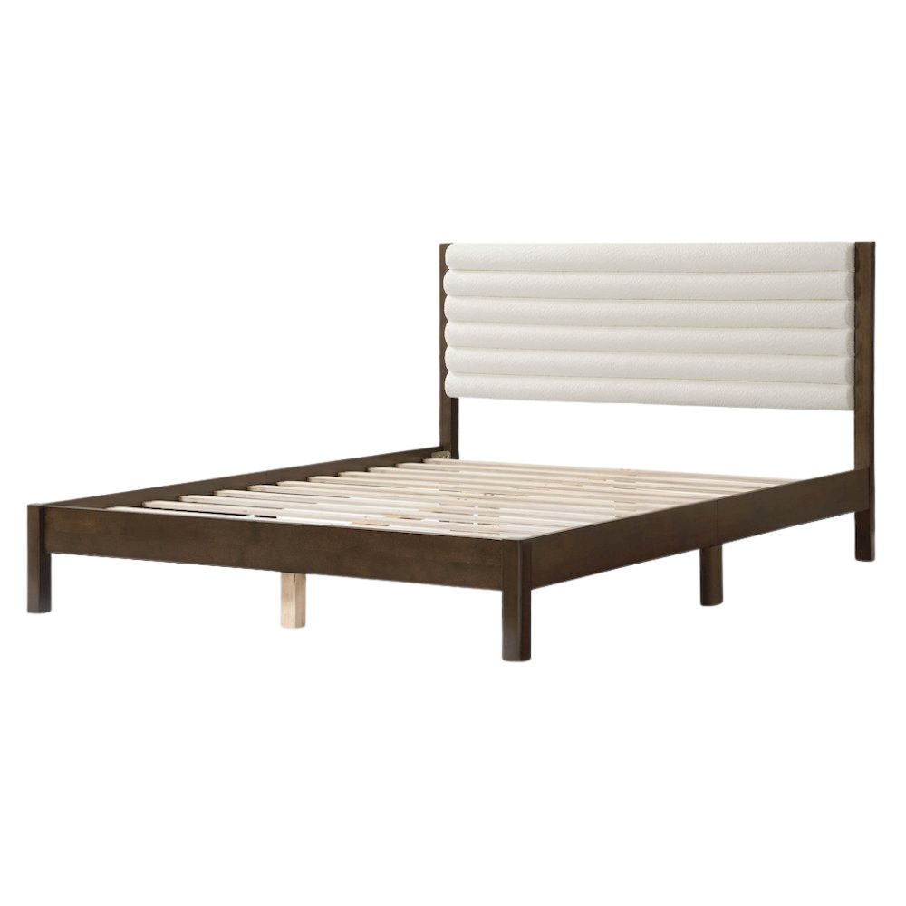 White Boucle Upholstered Queen Bed Frame with Headboard - Modern Design