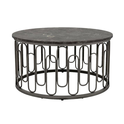 Gray Round 36 Inch Marble Coffee Table with Modern Metal Base