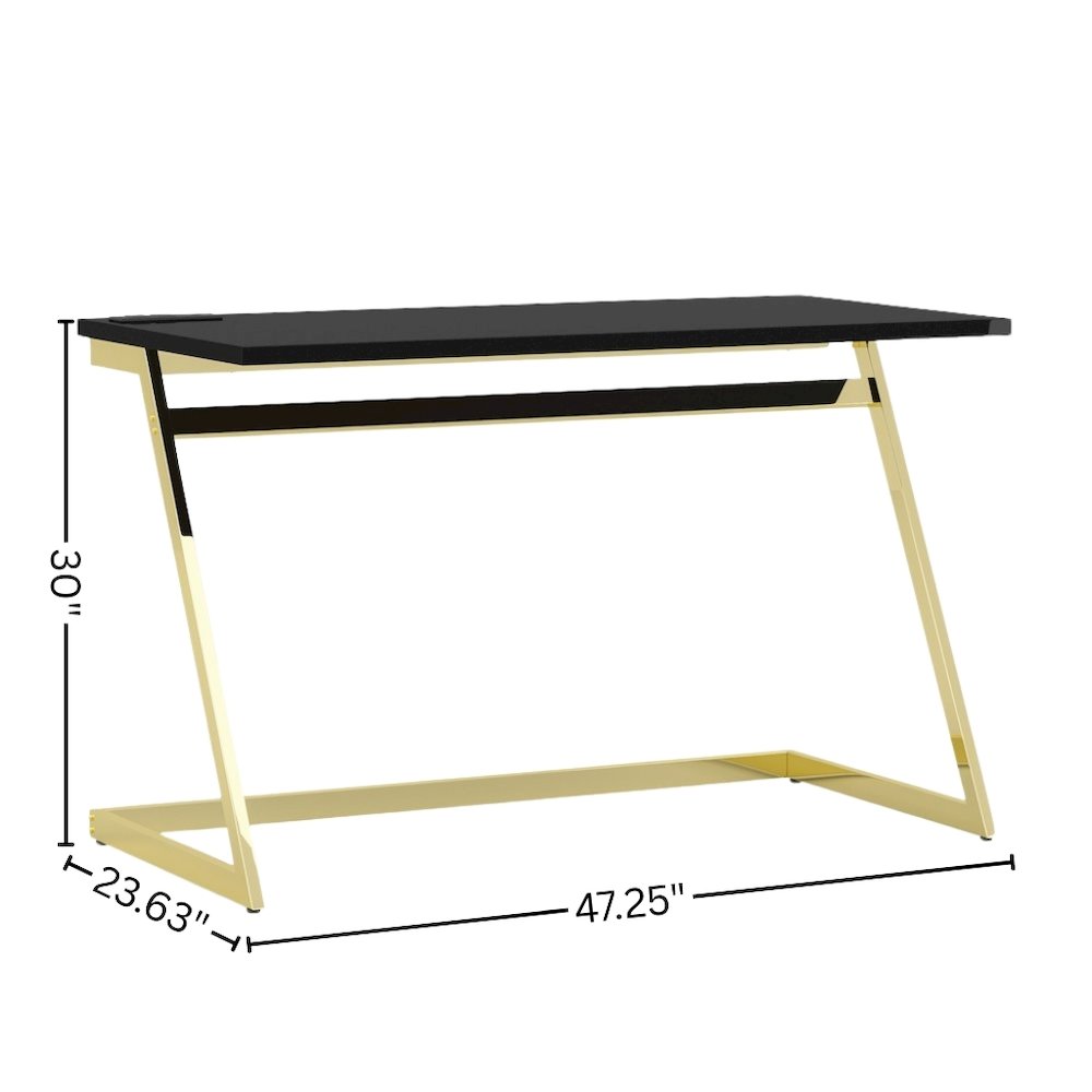 Black Writing Desk – 47.25 Inch Brass Plated Frame Computer Desk with USB