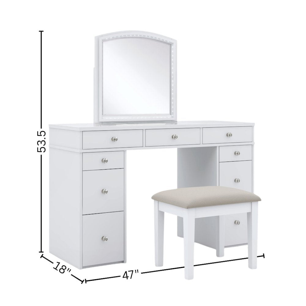 White Makeup Vanity Desk with Mirror and LED Lights – Vanity Desk Set With Stool