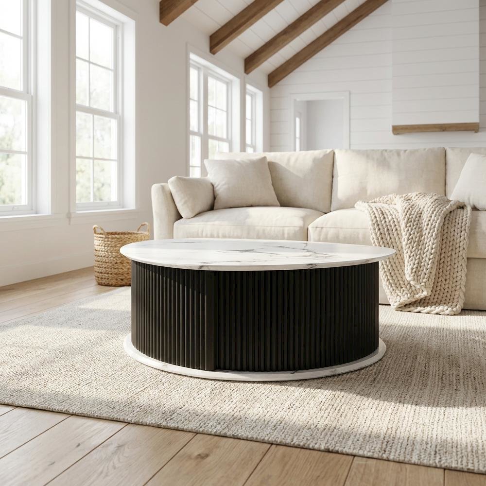 Black Triangle Coffee Table with Fluted Pedestal Base MDF and Iron Frame