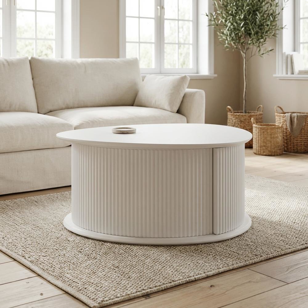 White Fluted Pedestal Triangle Coffee Table with MDF and Iron Base