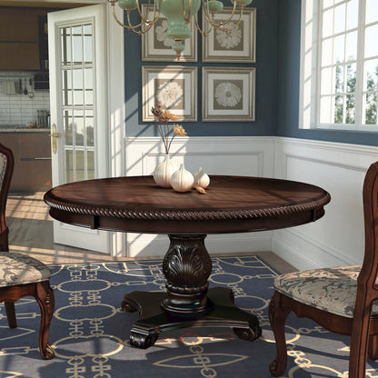 Ramsaran Wood Pedestal Round Dining Table in Brown Cherry
