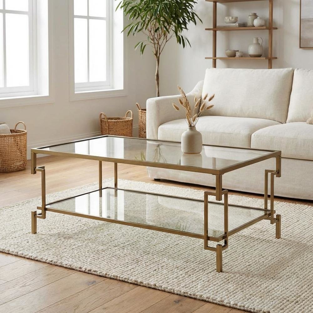 Gold Metal Coffee Table, Tempered Glass Shelf and Mirror Accents for Living Room