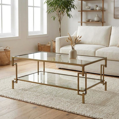 Gold Metal Coffee Table, Tempered Glass Shelf and Mirror Accents for Living Room