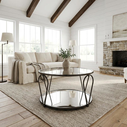 Gray Metal 1-Shelf Coffee Table with Tempered Glass and Mirror Accents