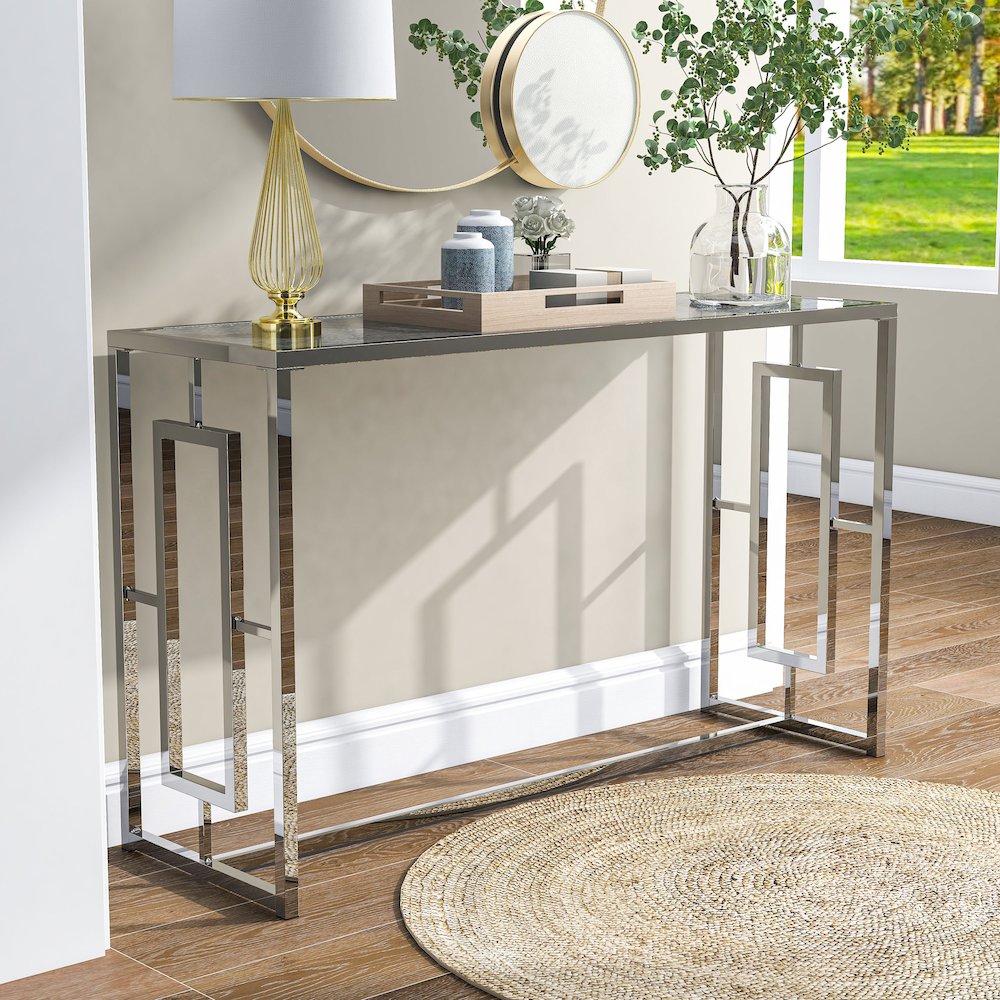 Harper Metal Chrome Sofa Table with Pattern Top in Chrome