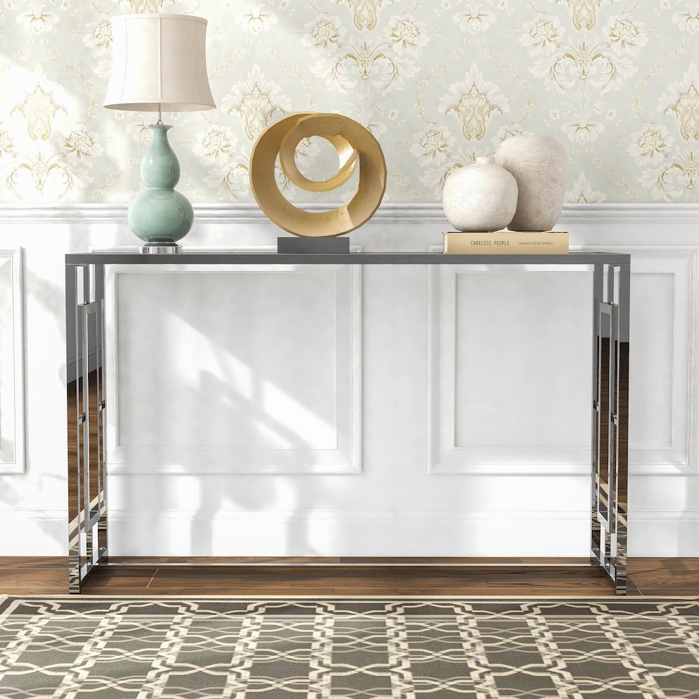 Harper Metal Chrome Sofa Table with Pattern Top in Chrome