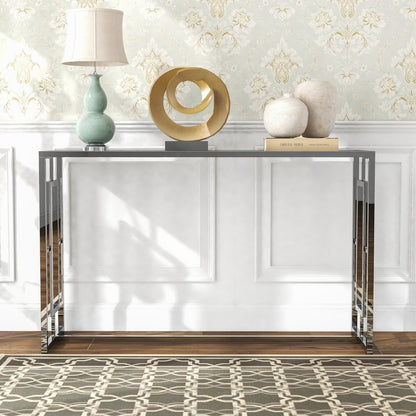 Harper Metal Chrome Sofa Table with Pattern Top in Chrome