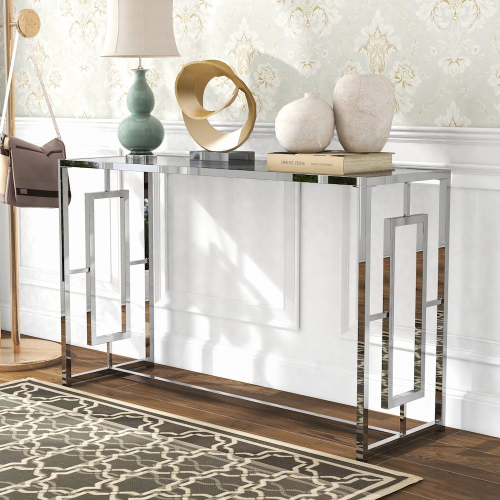 Harper Metal Chrome Sofa Table with Pattern Top in Chrome