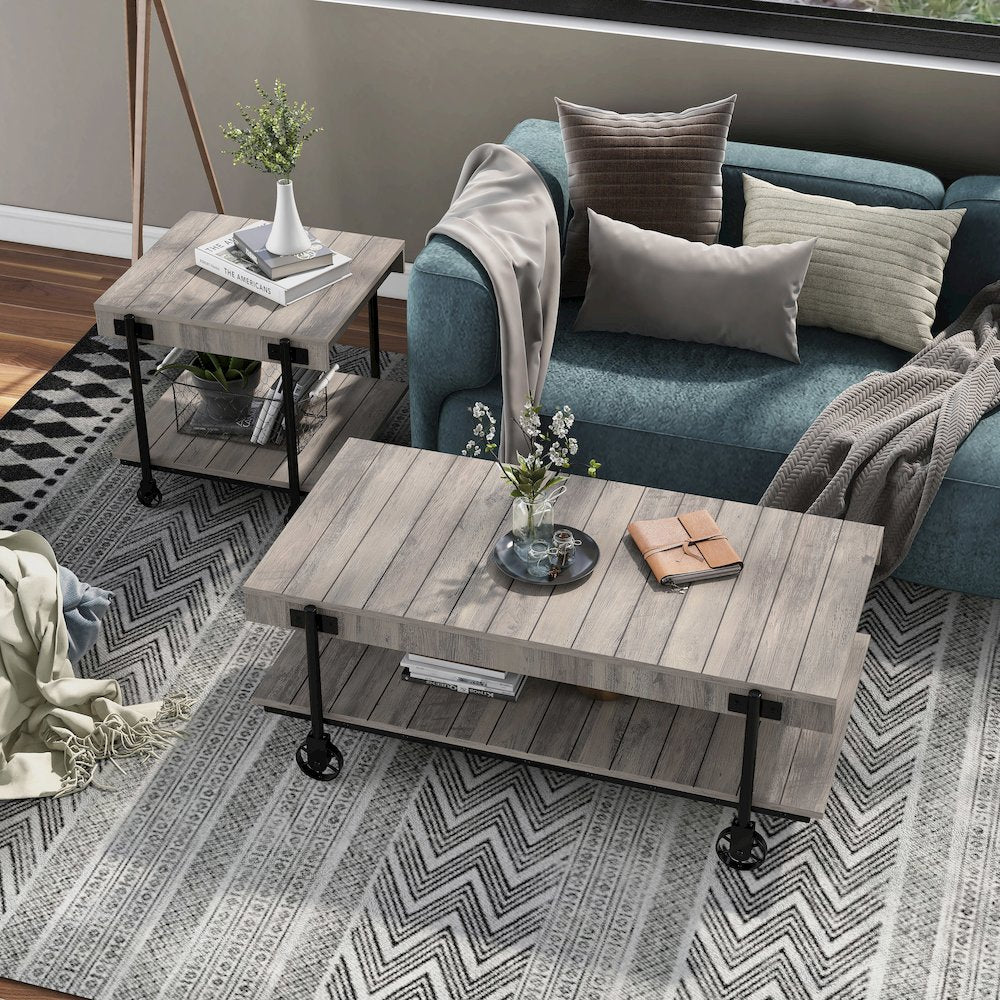Acres Wood Natural 2-Piece Coffee Table Set with Wheels