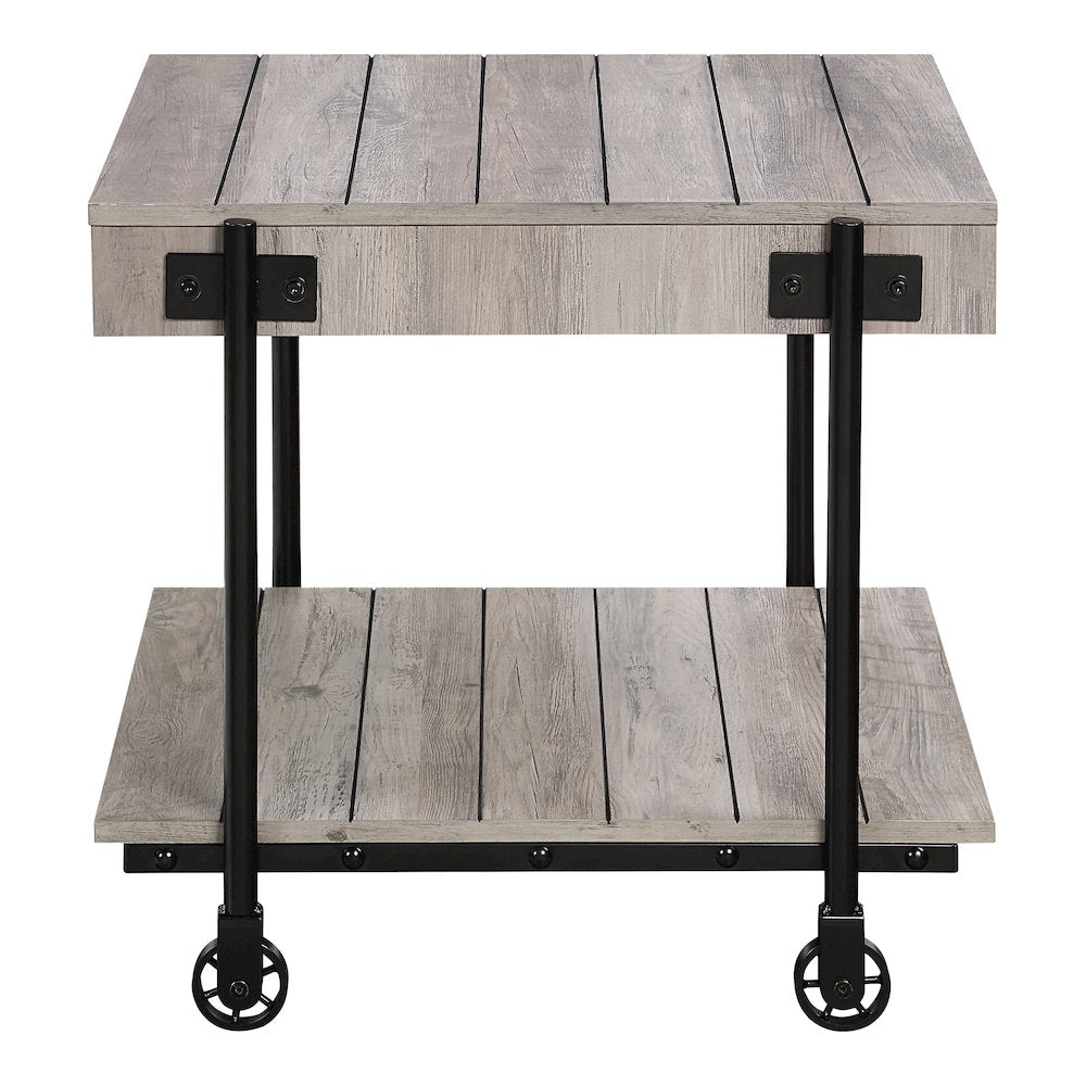 Acres Wood Natural End Table with Metal Black Wheels