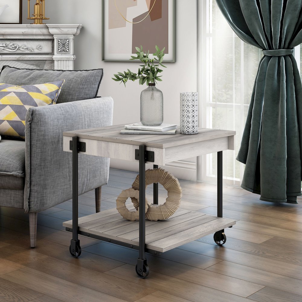 Acres Wood Natural End Table with Metal Black Wheels