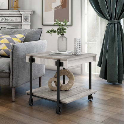 Acres Wood Natural End Table with Metal Black Wheels