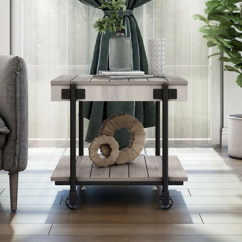 Acres Wood Natural End Table with Metal Black Wheels