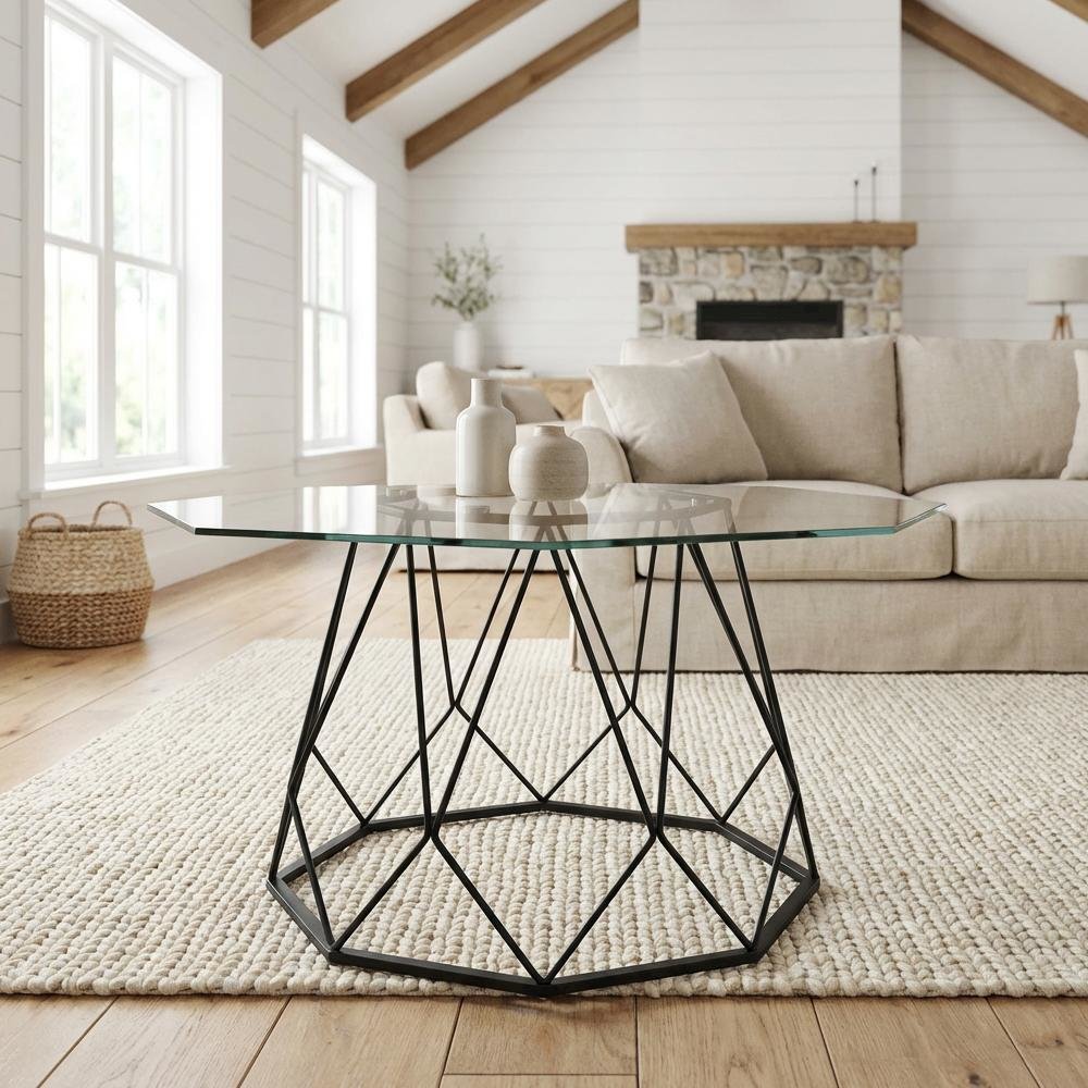 Black Steel Coffee Table with Tempered Glass Top and Modern Style