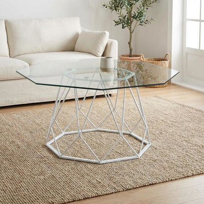 White Glass Top Coffee Table with Steel Frame and Tempered Glass Surface