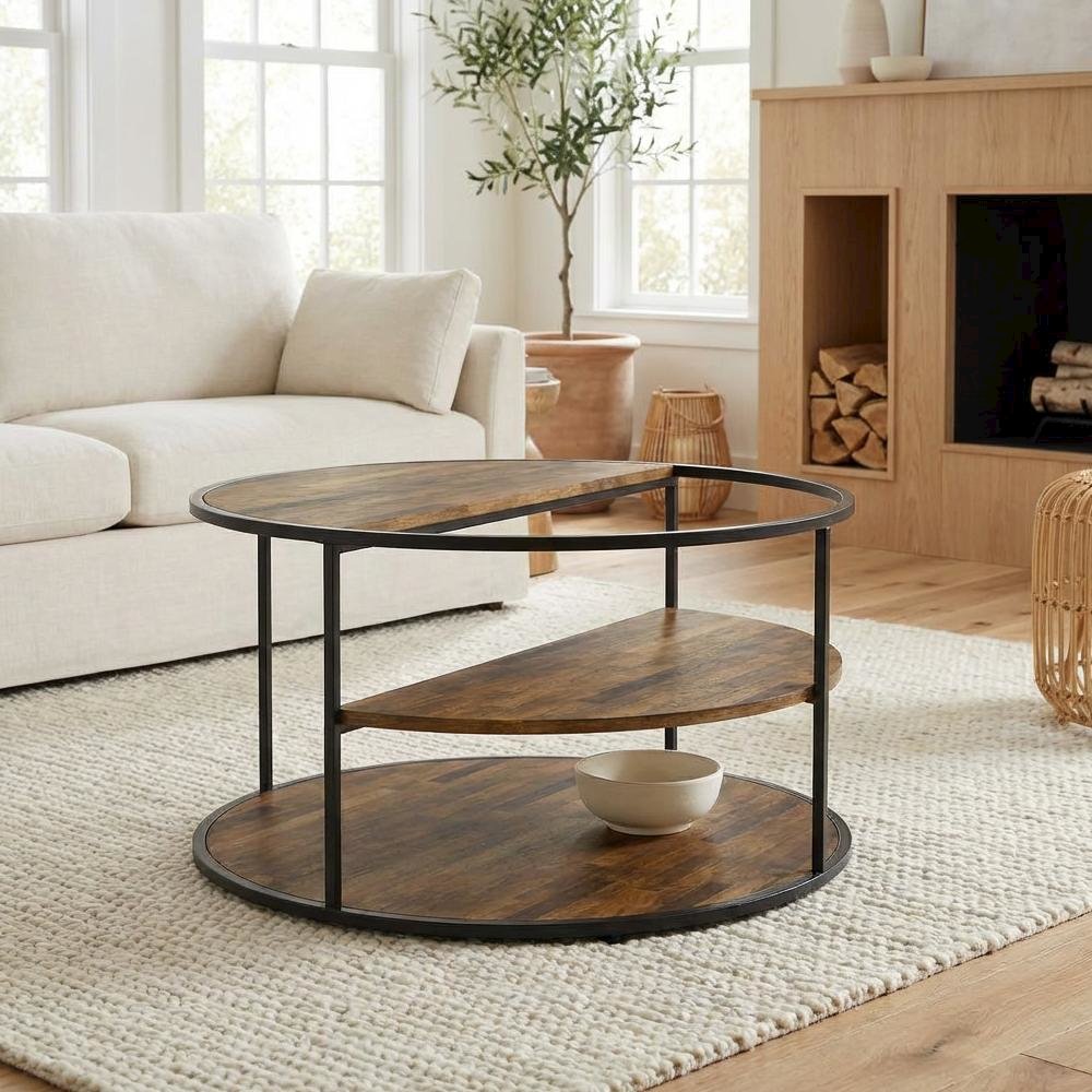 Black Round Coffee Table with Steel Frame and Paper Veneer Top