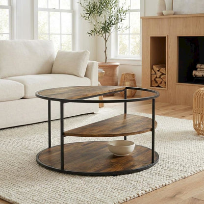 Black Round Coffee Table with Steel Frame and Paper Veneer Top
