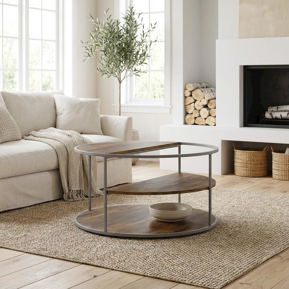 Gray Round Coffee Table with Steel Frame and Engineered Wood Top for Living Room