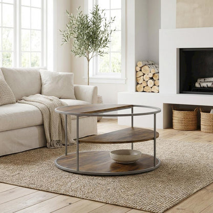 Gray Round Coffee Table with Steel Frame and Engineered Wood Top for Living Room