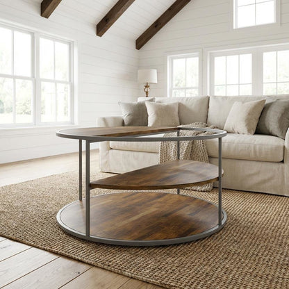 Gray Round Coffee Table with Steel Frame and Engineered Wood Top for Living Room