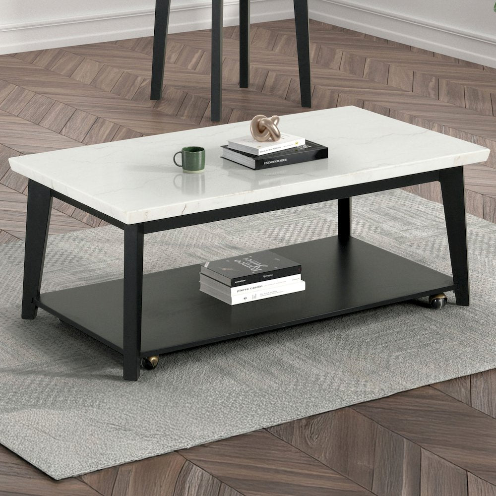Isolde Wood and Marble Rectangle Coffee Table in White