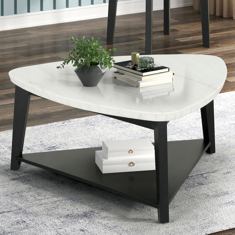 Isolde Wood and Marble Triangle Coffee Table in White
