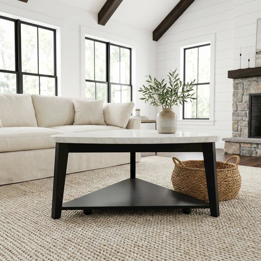 White Marble and Wood Triangle Coffee Table with Solid Engineered Wood Base