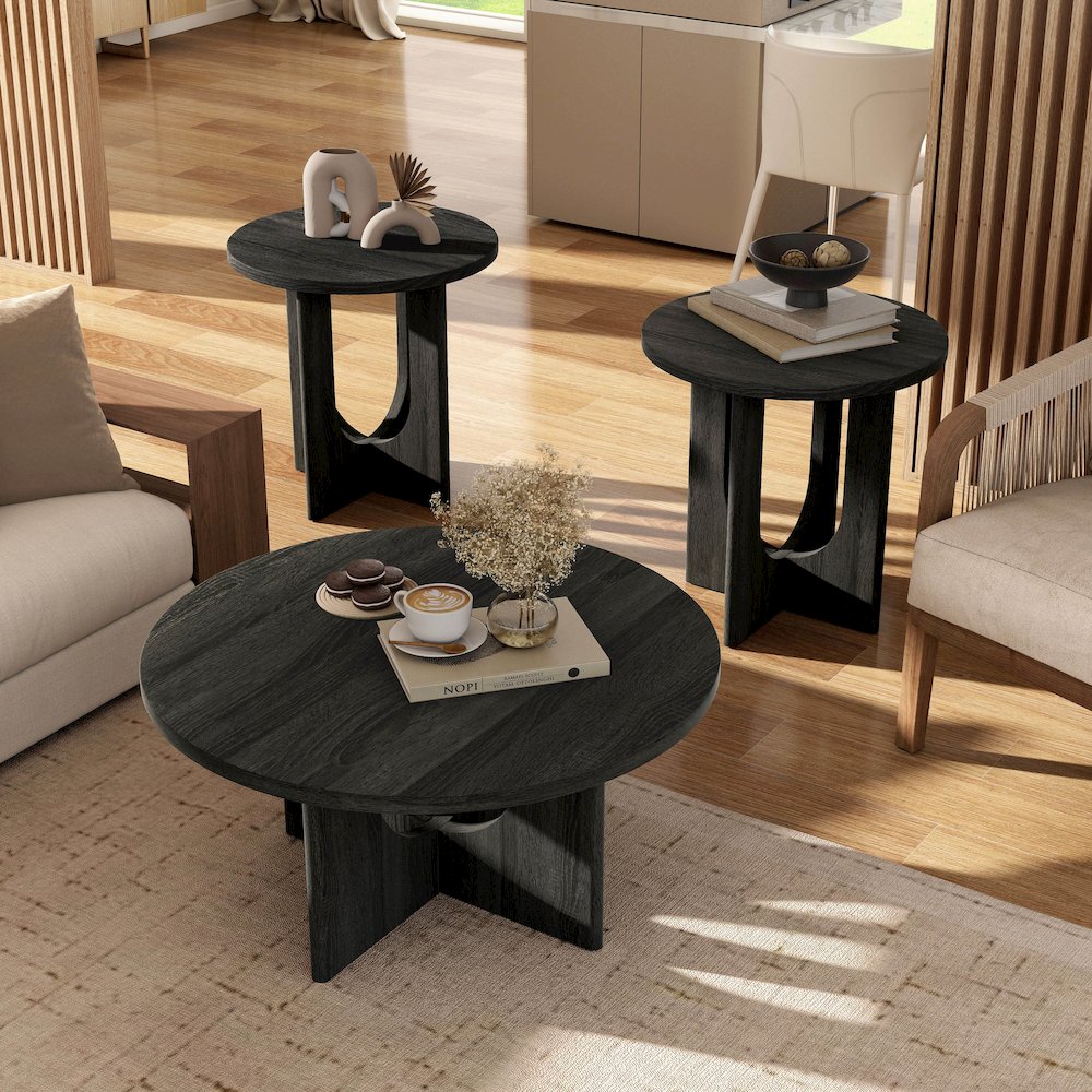 Carmel Modern Solid Wood 3-Piece Round Coffee Table Set
