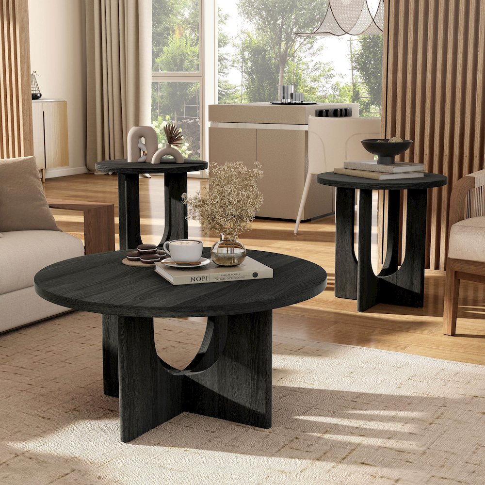 Carmel Modern Solid Wood 3-Piece Round Coffee Table Set
