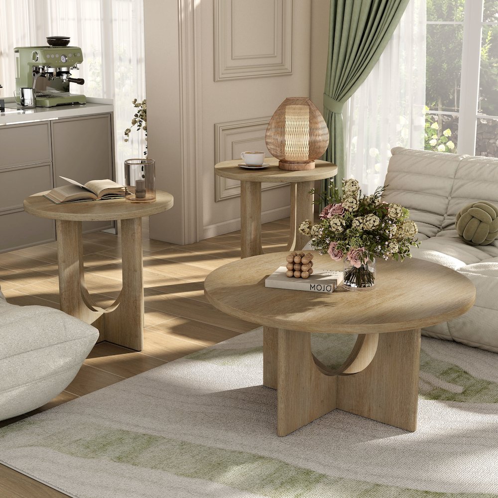 Carmel Modern Solid Wood 3-Piece Round Coffee Table Set